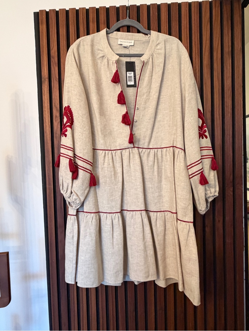 Sachin + Babi Beige Dress with Red Embroidery